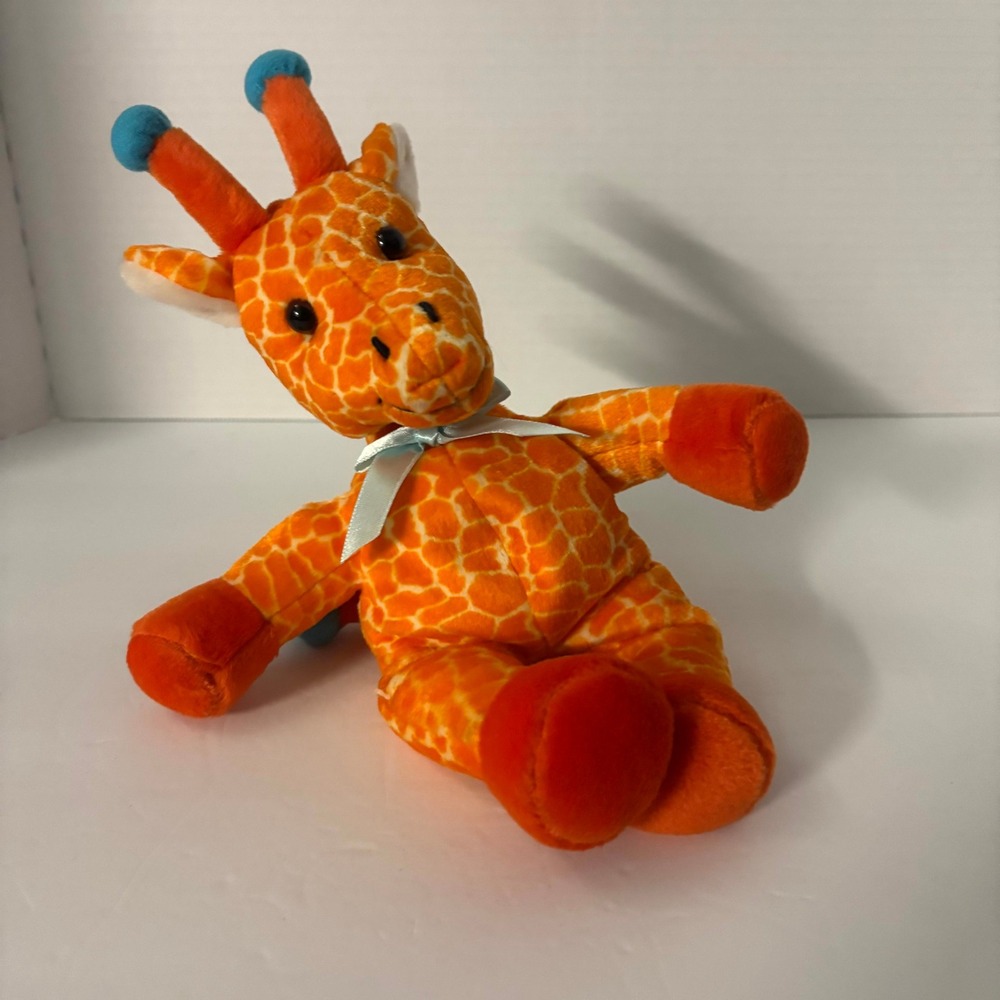 Unbranded Orange Giraffe Plush Stuffed Animal Bean Bag Toy Blue Accents 8"